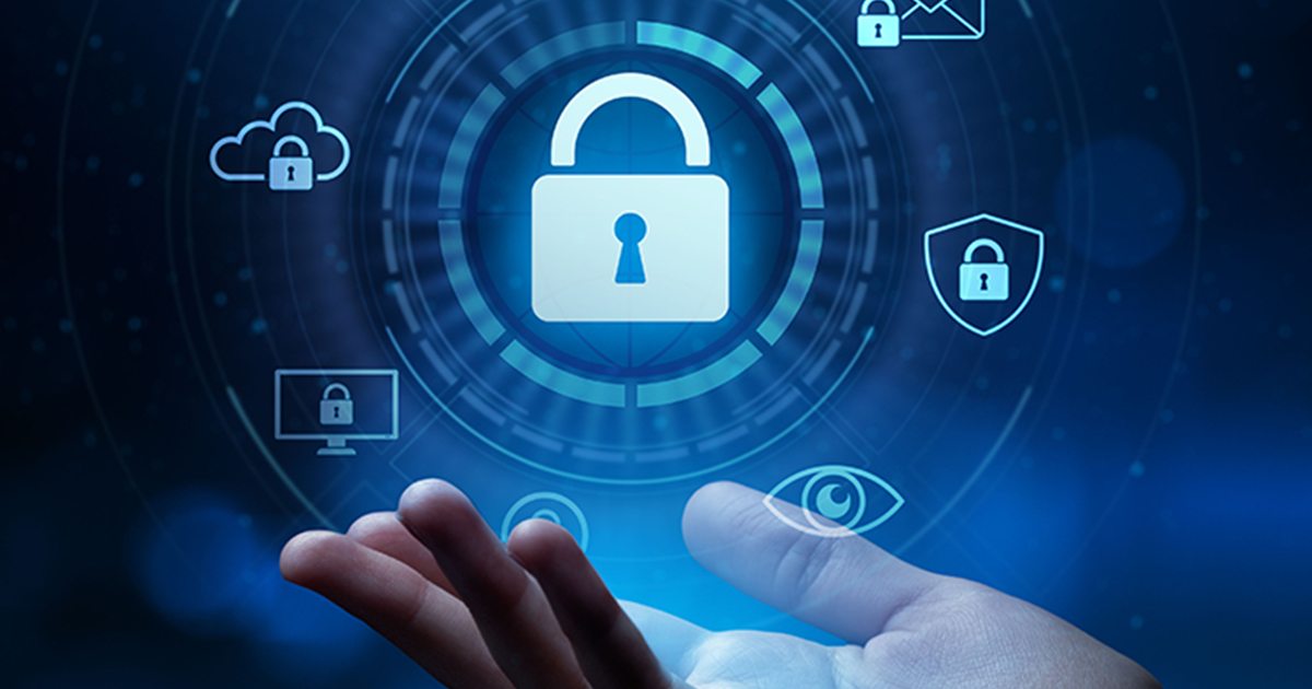 Hand supporting a digital lock icon surrounded by cybersecurity symbols, representing data protection and secure business growth.