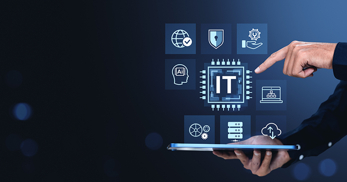 A person holding a digital tablet with a holographic display of IT service icons, including cybersecurity, cloud computing, and server management, representing managed IT services.