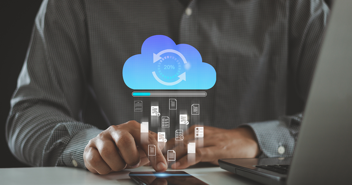 Business professional using a smartphone to upload documents to the cloud, with a digital progress bar and icons representing secure cloud file sharing.