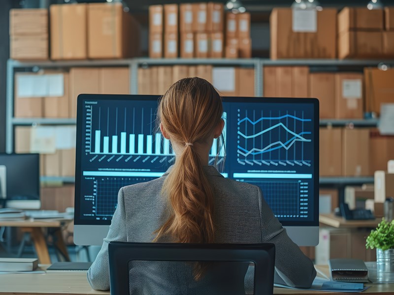 woman sitting in warehouse with boxes working large computer with graphs desplayed