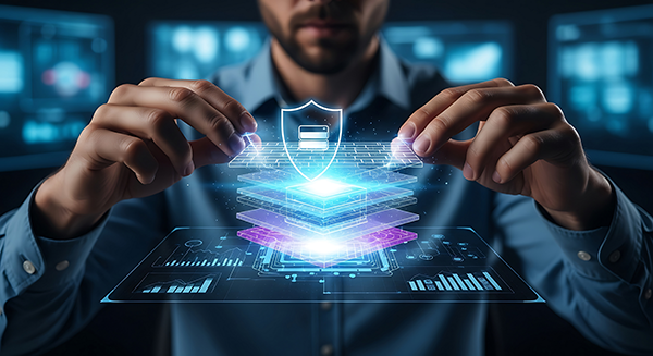 Man layering virtual screens of cybersecurity