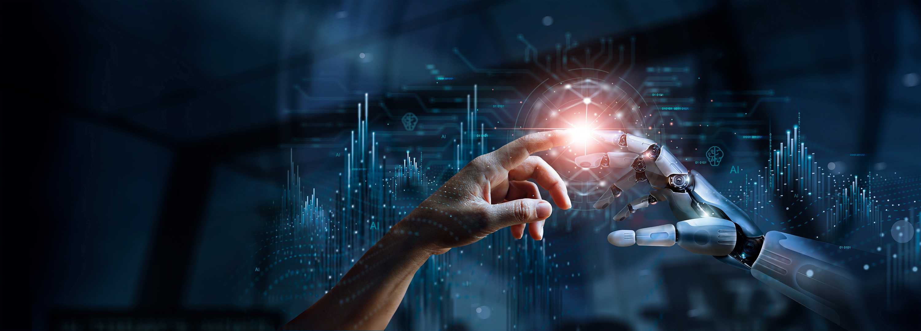 Human hand reaching out and touching robot hand