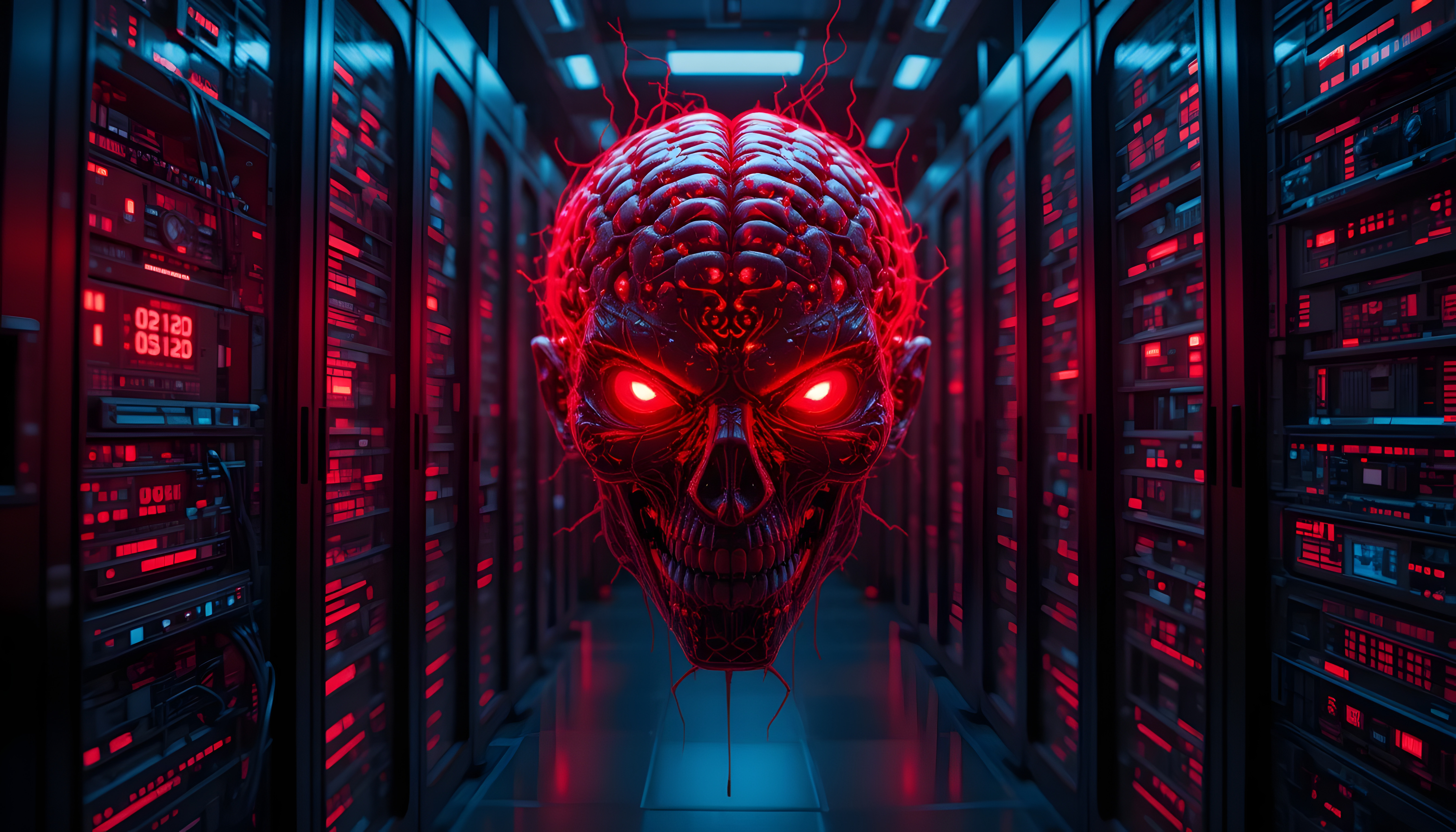 Evil red AI brain in data center